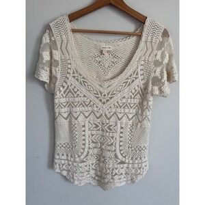 Meadow Rue Anthropologie Cream Lace Mesh Geometric Embroidered Boho Top Large